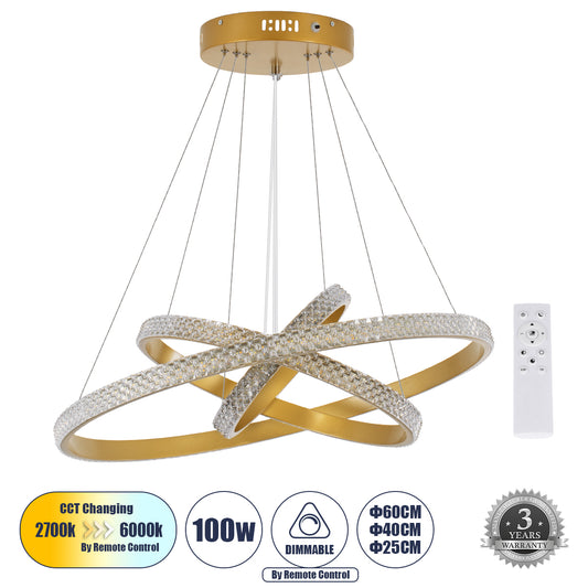 DIAMOND TRIO 61137-DECO Μοντέρνο Κρεμαστό Φωτιστικό Οροφής LED 100W 12123lm 360° AC 220-240V IP20 Ρυθμιζόμενο Λευκό CCT με Χειριστήριο από 2700K έως 6000K Dimmable - Lumileds SMD Chip - Χρυσό Βούρτσας - Μ25 x Π40 x Υ60