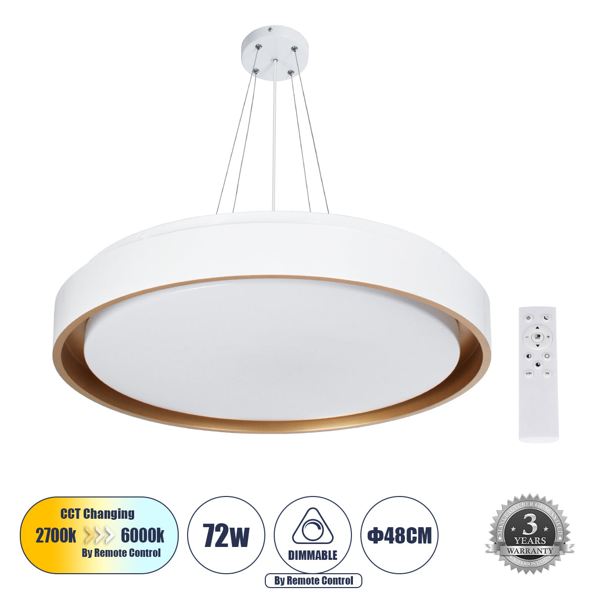 BARCHETTA 61048-P Κρεμαστή Πλαφονιέρα Οροφής LED CCT 72W 8306lm 120° AC 220-240V - Εναλλαγή Φωτισμού μέσω Τηλεχειριστηρίου All In One Ψυχρό 6000k+Φυσικό 4500k+Θερμό 2700k Dimmable Φ48cm - Λευκό με Χρυσό