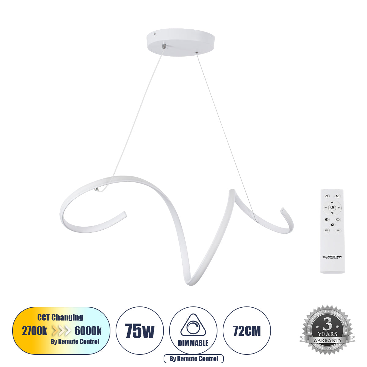 SPIRALE 61284 Κρεμαστό Φωτιστικό Οροφής Design LED CCT 75W 8400lm 300° AC 220-240V - Εναλλαγή Φωτισμού μέσω Τηλεχειριστηρίου All In One Ψυχρό 6000k+Φυσικό 4500k+Θερμό 2700k Dimmable Μ72 x Π25 x Υ30cm - Λευκό
