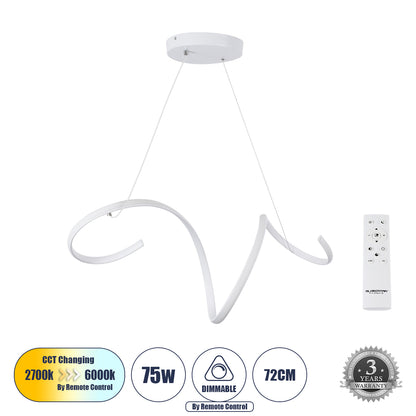 SPIRALE 61284 Κρεμαστό Φωτιστικό Οροφής Design LED CCT 75W 8400lm 300° AC 220-240V - Εναλλαγή Φωτισμού μέσω Τηλεχειριστηρίου All In One Ψυχρό 6000k+Φυσικό 4500k+Θερμό 2700k Dimmable Μ72 x Π25 x Υ30cm - Λευκό