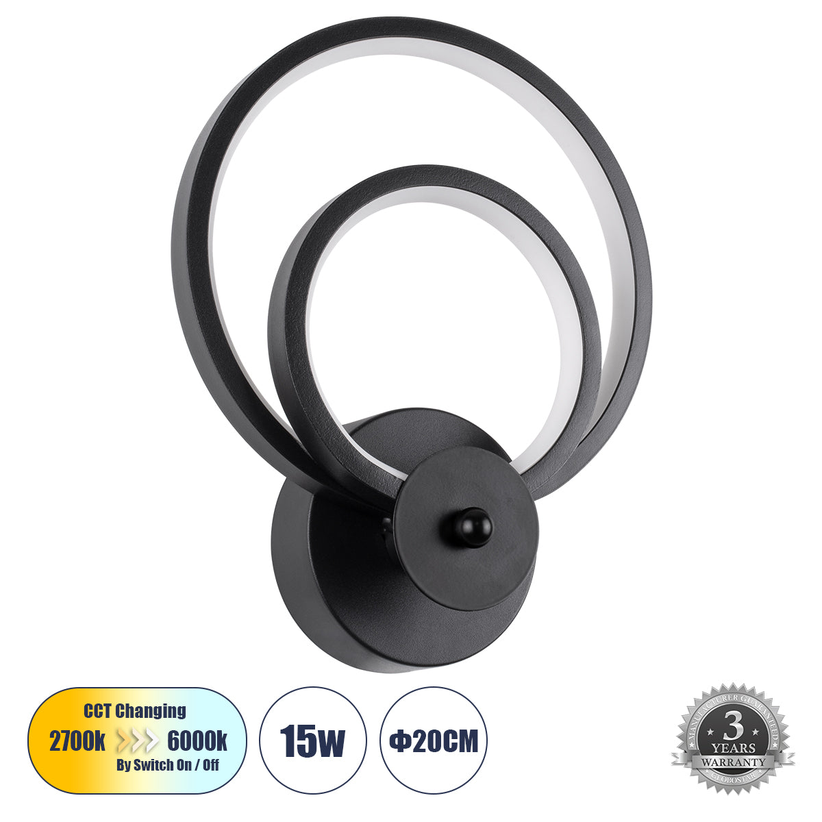 FREDDIE 61076 Φωτιστικό Τοίχου - Απλίκα Design LED CCT 15W 1800lm 300° AC 220-240V - Εναλλαγή Φωτισμού μέσω Διακόπτη On/Off All In One Ψυχρό 6000k+Φυσικό 4500k+Θερμό 2700k Μ20 x Π7.5 x Υ25cm - Μαύρο