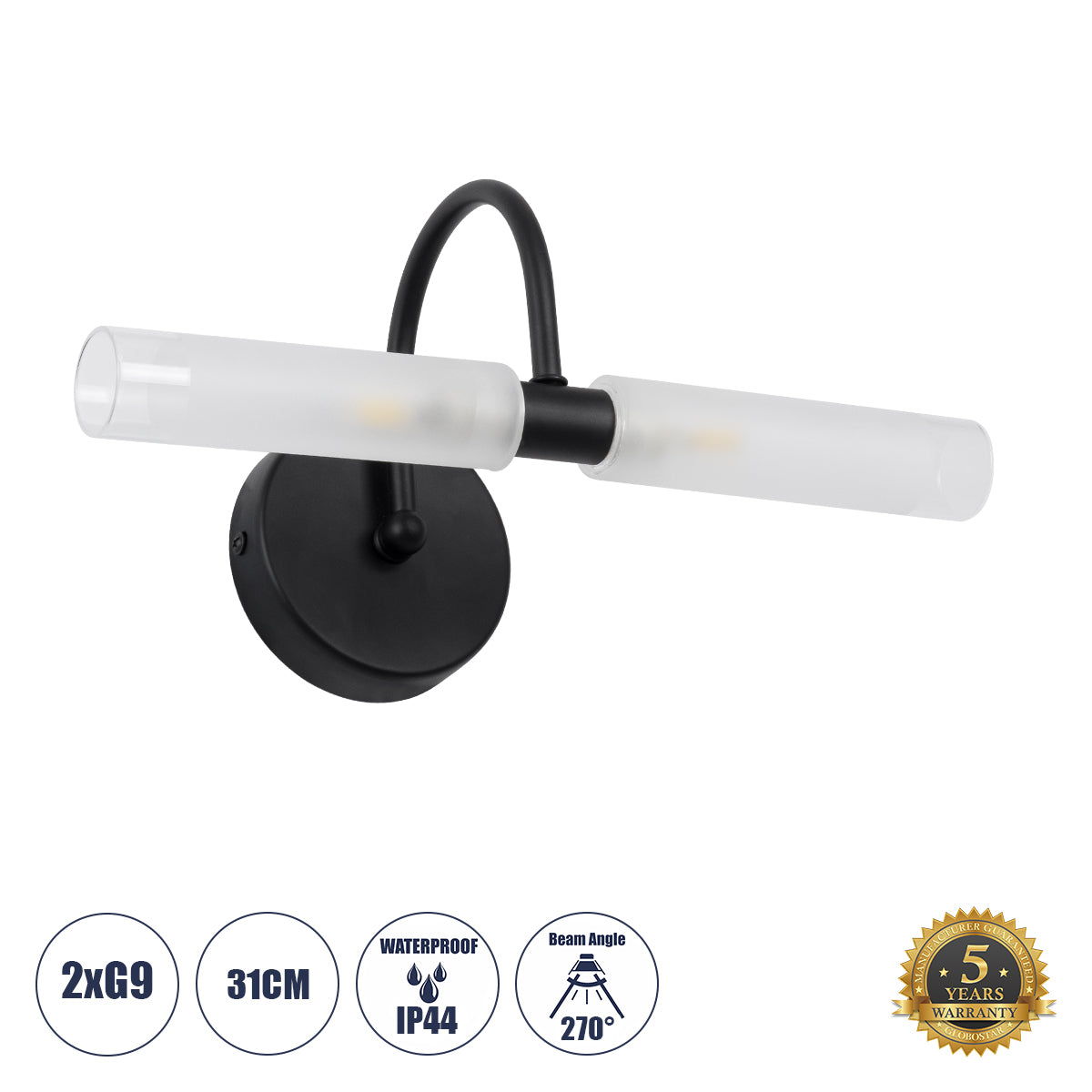 PAOLA 60416 Μοντέρνο Φωτιστικό Τοίχου - Απλίκα Καθρέπτη Μπάνιου - Πίνακα 2 x G9 270° AC 220-240V IP44 Μ31 x Π16 x Υ15cm - Μαύρο