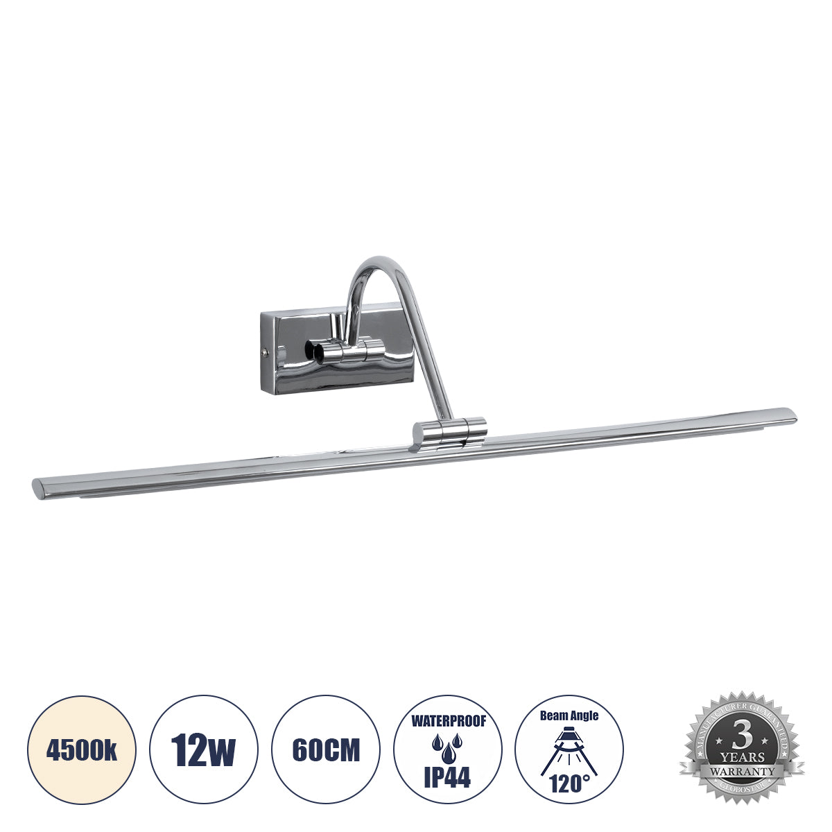 MIRA 60434 Μοντέρνο Φωτιστικό Τοίχου - Απλίκα Καθρέπτη Μπάνιου LED 12W 1400lm 120° AC 220-240V IP20 Φυσικό Λευκό 4500K - Bridgelux SMD Chip - Νίκελ Χρώμιο - Μ60 x Π20 x Υ13