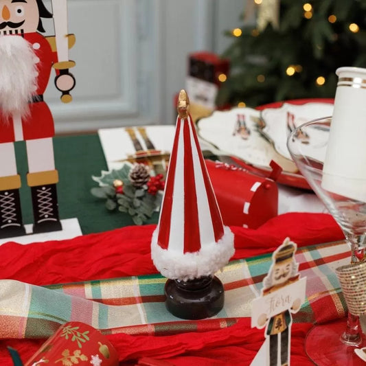 Διακοσμητικό Ριγέ Δέντρο με Γούνινη Λεπτομέρεια Κόκκινο-Λευκό-Χρυσό 6x6x20