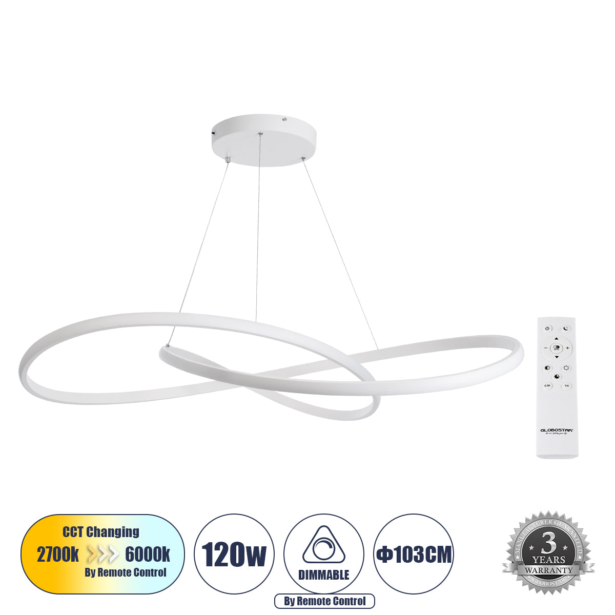 DEXTER 60918 Κρεμαστό Φωτιστικό Οροφής Design LED CCT 120W 13440lm 300° AC 220-240V - Εναλλαγή Φωτισμού μέσω Τηλεχειριστηρίου All In One Ψυχρό 6000k+Φυσικό 4500k+Θερμό 2700k Dimmable Φ103cm - Λευκό