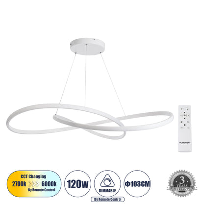 DEXTER 60918 Κρεμαστό Φωτιστικό Οροφής Design LED CCT 120W 13440lm 300° AC 220-240V - Εναλλαγή Φωτισμού μέσω Τηλεχειριστηρίου All In One Ψυχρό 6000k+Φυσικό 4500k+Θερμό 2700k Dimmable Φ103cm - Λευκό