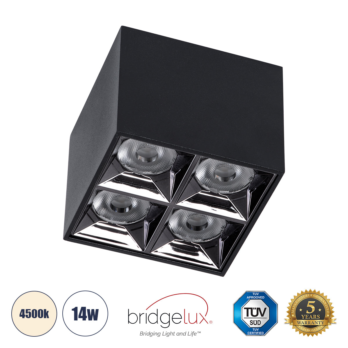 LUMINAR SUPERIOR 60332 Επιφανειακό LED Spot Downlight TrimLess 14W 1960lm 36° AC 220-240V IP20 Μ8.2 x Π8.2 x Υ6.6cm - Μαύρο με Κάτοπτρο Χρωμίου - Φυσικό Λευκό 4500K - Bridgelux High Lumen Chip Gen2 - TÜV Certified Driver