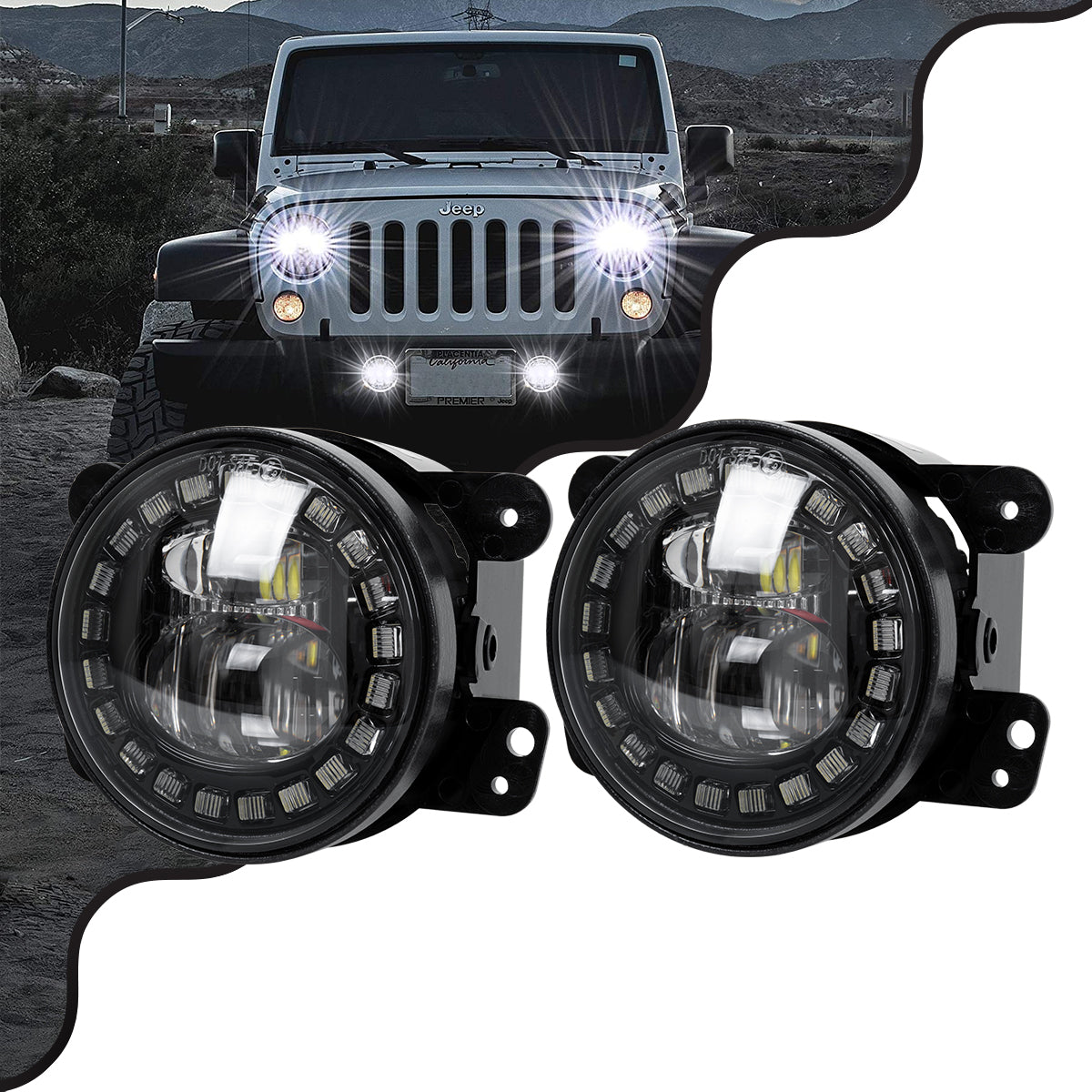 85418 Σετ 2 x Προβολείς Ομίχλης JEEP WRANGLER - MERCEDES BENZ G CLASS - LAND ROVER DEFENDER - HAMMER H1-H2 - 4'' Ιντσών με Ring Light DRL LED CREE CXB COB 100W 7500lm DC 12V Αδιάβροχοι IP66 Ψυχρό Λευκό 6000K