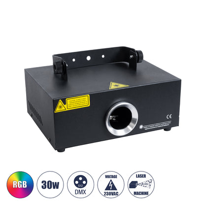 ARES 51127 Επαγγελματικό Laser Projector 30W 1000Mw 300mW RED/635nm - 100mW GREEN/532nm - 600mW BLUE/450nm - AC 220V-240V IP20 3in1 RGB DMX512 - Μ23.5 x Π18 x Υ10cm