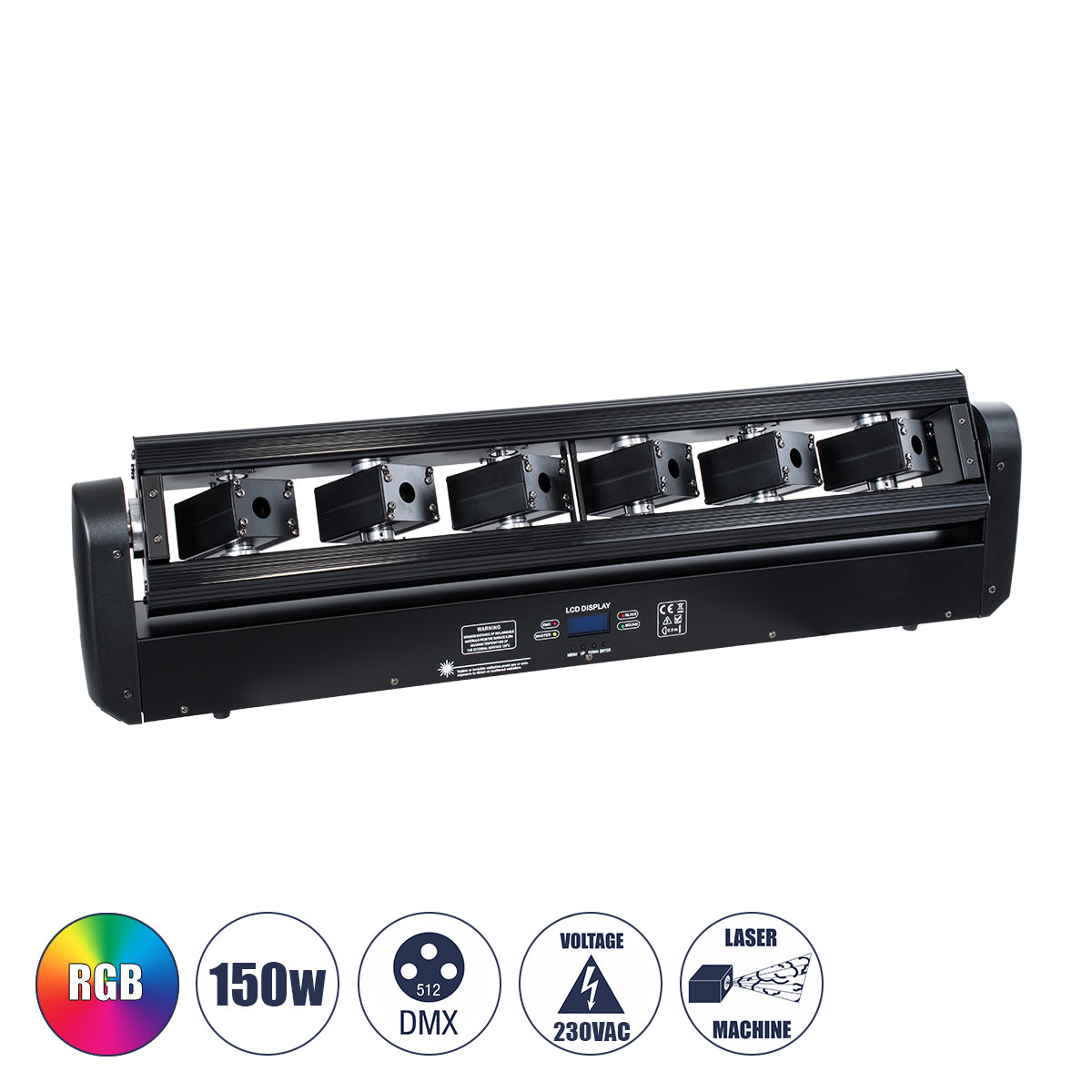 AMNESIA 51179 Stage Κινούμενη Ρομποτική Κεφαλή Spider Super Beam LASER 150W 2° AC 220-240V IP20 6 x 1W LASER Chip 300mW RED/638nm 100mW GREEN/531nm 600mW BLUE/442nm Πολύχρωμο RGB Dimmable DMX512 Protocol 14/35 Channels - Μ86 x Π23 x Υ9