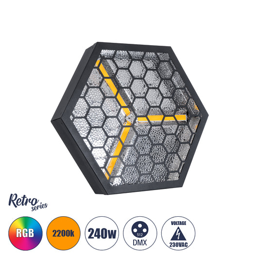 51201 HALO HEXA Επαγγελματικό Φωτιστικό Ειδικών Εφέ DIGITAL MATRIX PIXEL & Blinder - 3 x 80W LED COB Chips Ultra Gold Warm White 2200K & 30 x 0.5W LED SMD5050 Chips RGB - AC 220V-240V DMX512 Display on Body - Μαύρο - Μ38 x Π38 x Υ22cm
