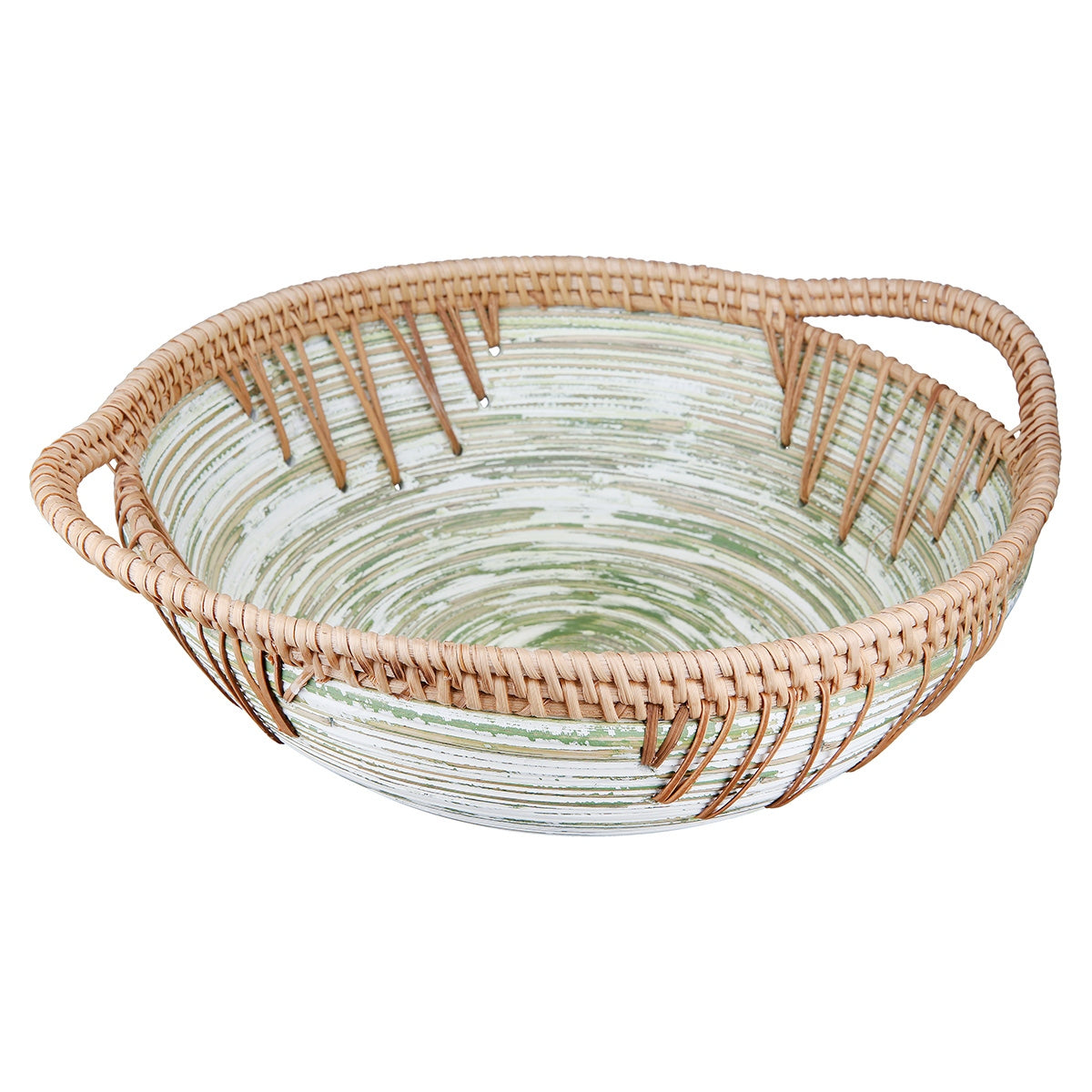 Μπολ Στρογγυλό "Fortaleza" Ριγέ Μπαμπού Rattan Ecru Green 35.5x30x11