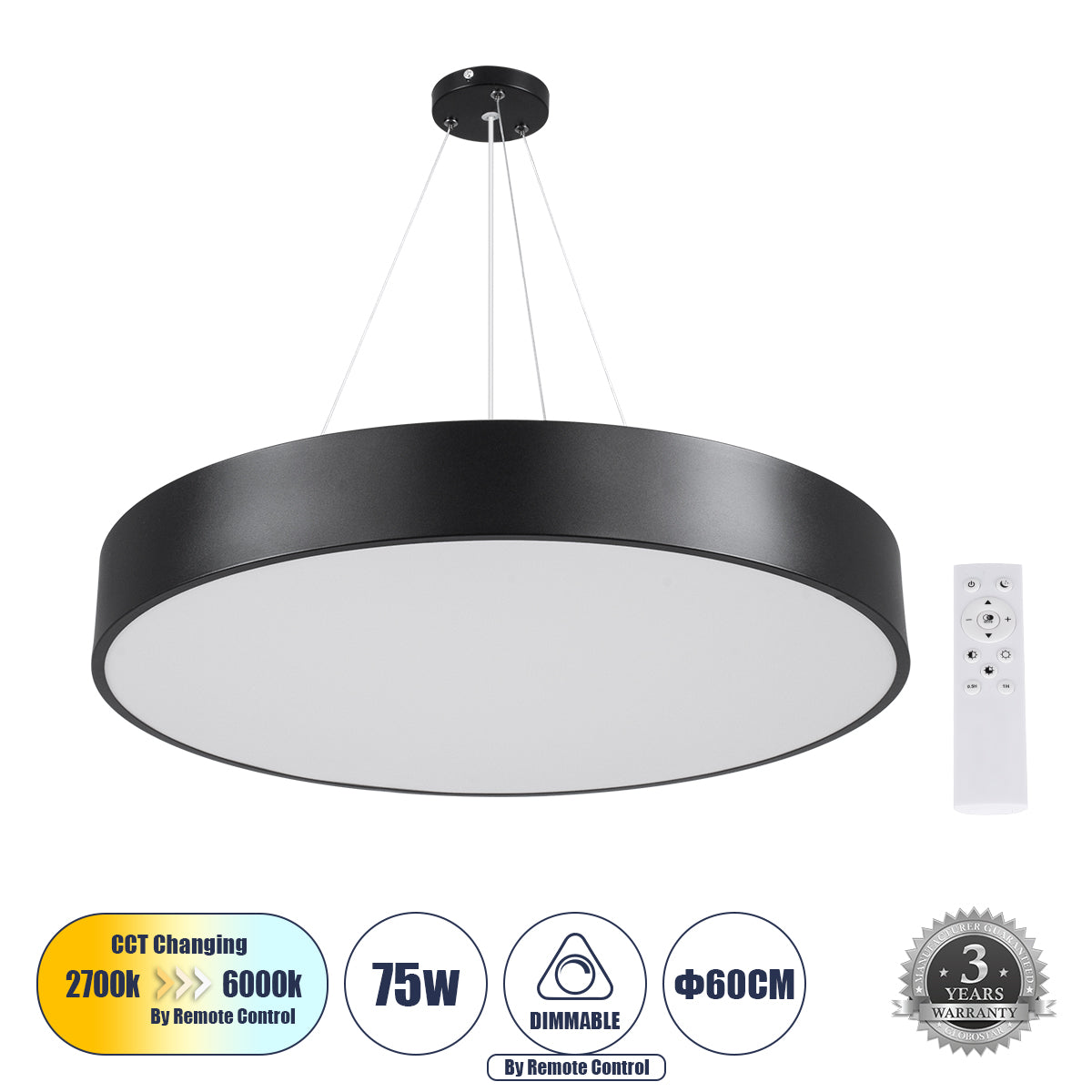 BURTON 61202-P Κρεμαστή Πλαφονιέρα Οροφής LED CCT 75W 8625lm 120° AC 220-240V - Εναλλαγή Φωτισμού μέσω Τηλεχειριστηρίου All In One Ψυχρό 6000k+Φυσικό 4500k+Θερμό 2700k Dimmable Φ60cm - Μαύρο