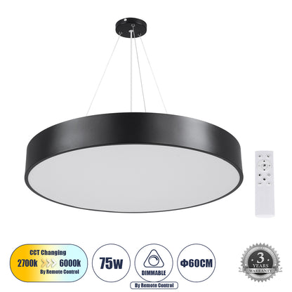 BURTON 61202-P Κρεμαστή Πλαφονιέρα Οροφής LED CCT 75W 8625lm 120° AC 220-240V - Εναλλαγή Φωτισμού μέσω Τηλεχειριστηρίου All In One Ψυχρό 6000k+Φυσικό 4500k+Θερμό 2700k Dimmable Φ60cm - Μαύρο