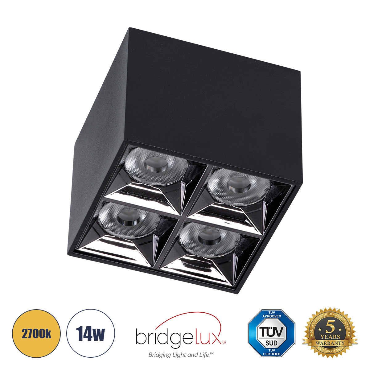 LUMINAR SUPERIOR 60333 Επιφανειακό LED Spot Downlight TrimLess 14W 1890lm 36° AC 220-240V IP20 Μ8.2 x Π8.2 x Υ6.6cm - Μαύρο με Κάτοπτρο Χρωμίου - Θερμό Λευκό 2700K - Bridgelux High Lumen Chip Gen2 - TÜV Certified Driver