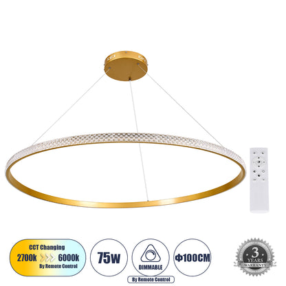 DIAMOND 61135 Κρεμαστό Φωτιστικό Δαχτυλίδι-Κύκλος LED CCT 75W 8743lm 360° AC 220-240V - Εναλλαγή Φωτισμού μέσω Τηλεχειριστηρίου All In One Ψυχρό 6000k+Φυσικό 4500k+Θερμό 2700k Dimmable Φ100cm - Χρυσό Βούρτσας