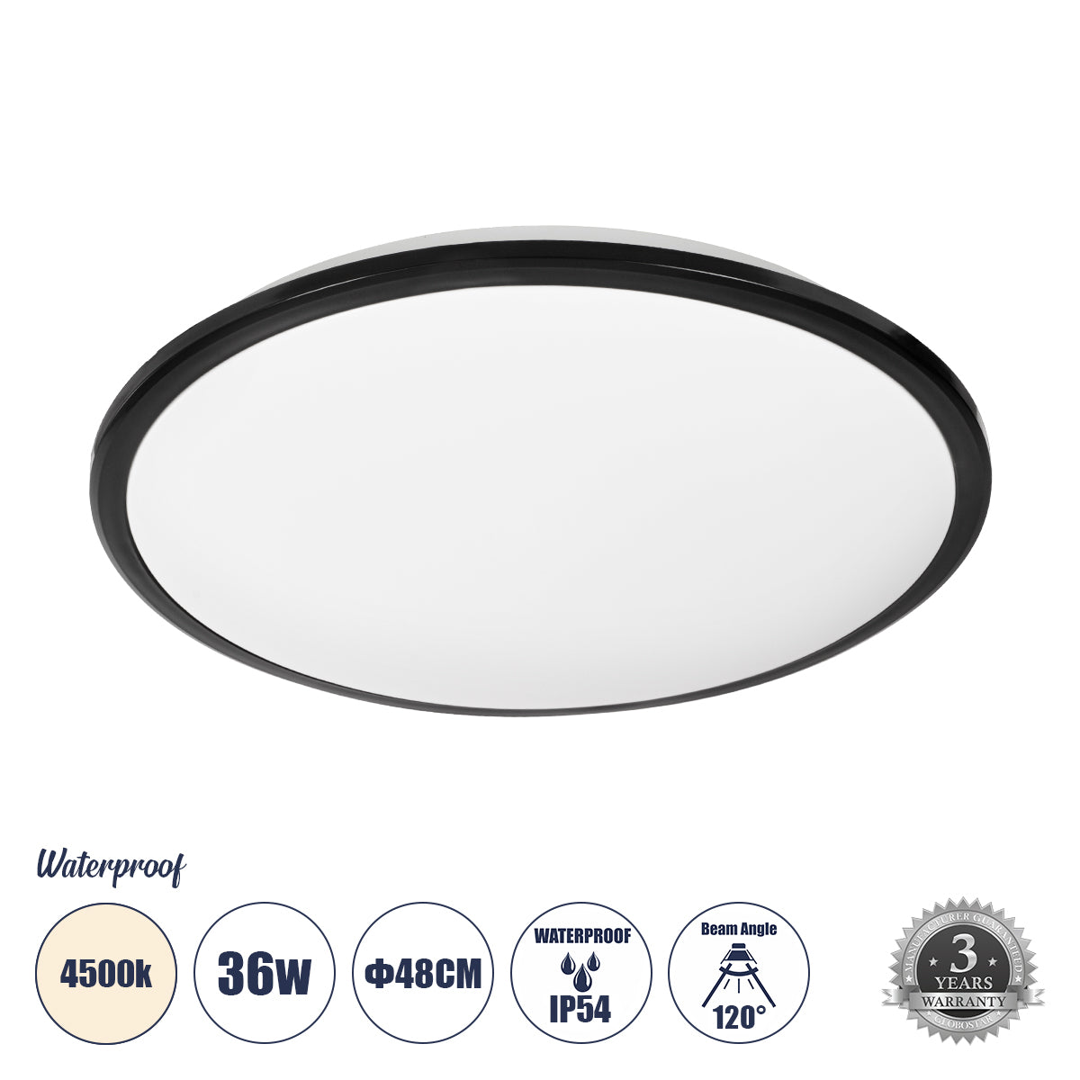 TUFFIN 60999 Πλαφονιέρα Οροφής LED 36W 3960lm 120° AC 220-240V Αδιάβροχη IP54 Φ48 x Υ6.5cm Φυσικό Λευκό 4500K - Μαύρο - Bridgelux Chips