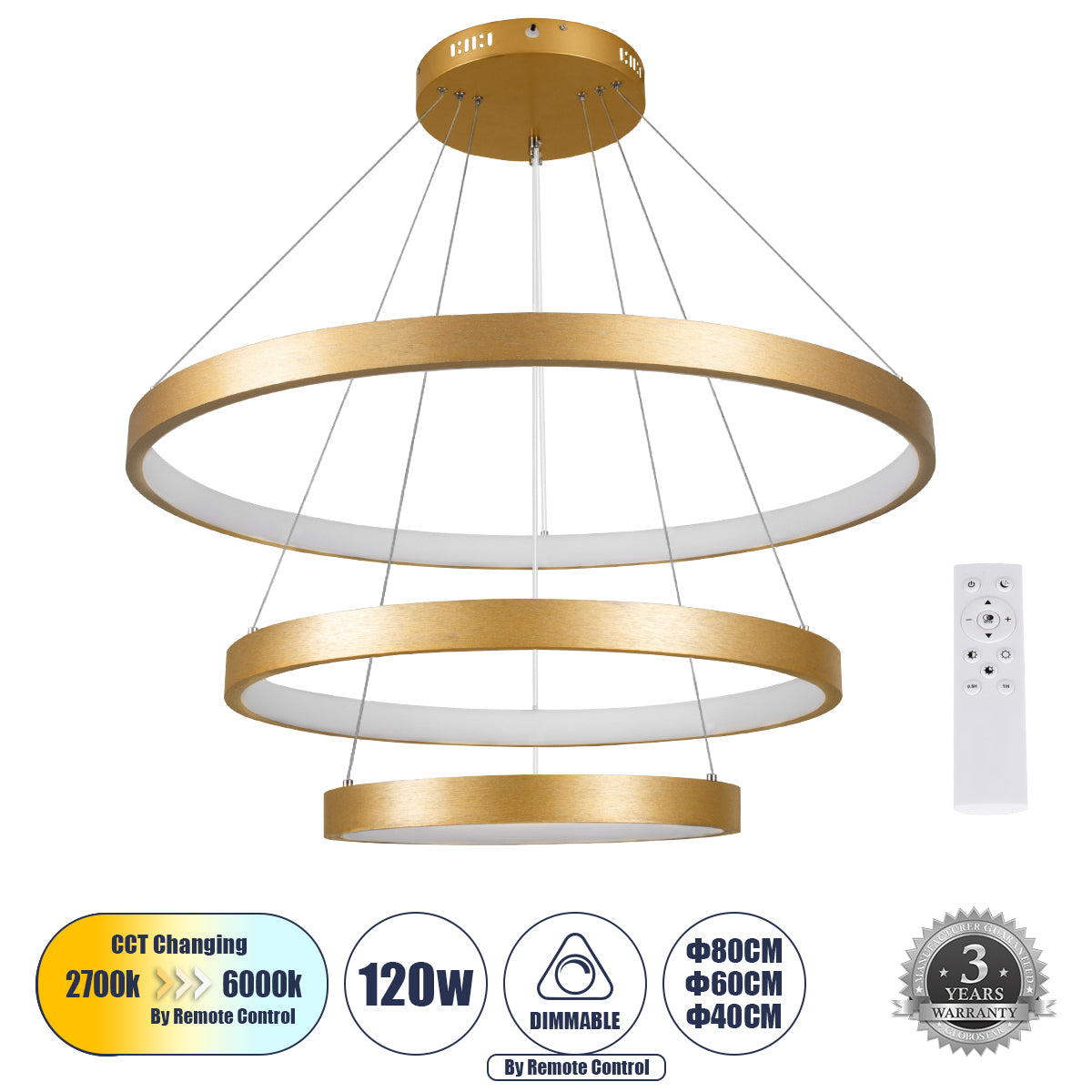 NEMESIS TRIO 61172 Μοντέρνο Κρεμαστό Φωτιστικό Οροφής LED 120W 14723lm 360° AC 220-240V IP20 Ρυθμιζόμενο Λευκό CCT με Χειριστήριο από 2700K έως 6000K Dimmable - Lumileds SMD Chip - Χρυσό Βούρτσας - Μ80 x Π80 x Υ60