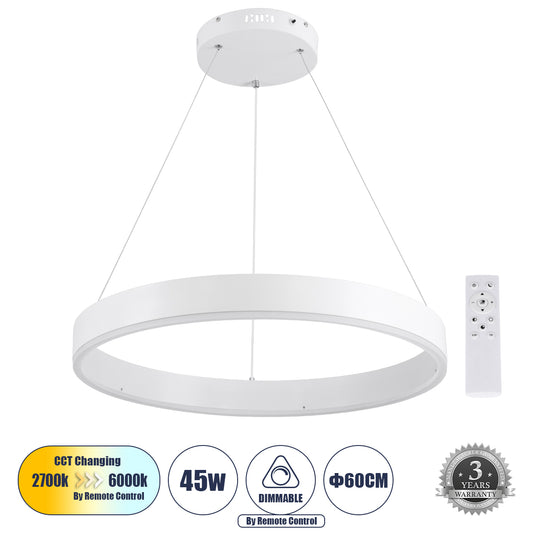 VENOM 61177 Μοντέρνο Κρεμαστό Φωτιστικό Οροφής LED 45W 5269lm 120° AC 220-240V IP20 Ρυθμιζόμενο Λευκό CCT με Χειριστήριο από 2700K έως 6000K Dimmable - Lumileds SMD Chip - Λευκό Ματ - Μ60 x Π60 x Υ6.5cm