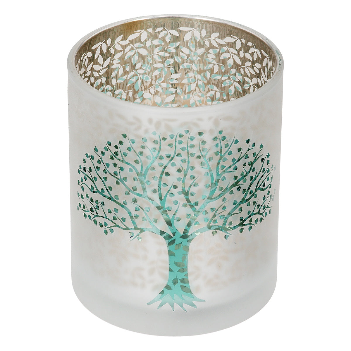 Φανάρι Κυλινδρικό Δέντρο Μοτίφ Γυάλινα Πράσινο Λευκό 10x10x13
