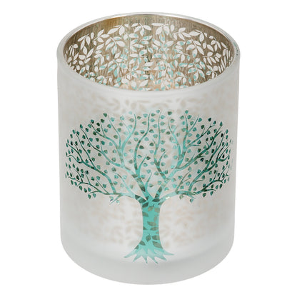 Φανάρι Κυλινδρικό Δέντρο Μοτίφ Γυάλινα Πράσινο Λευκό 10x10x13