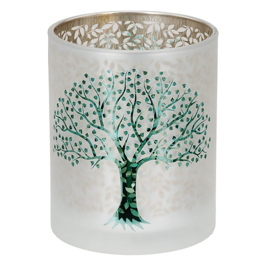 Φανάρι Κυλινδρικό Δέντρο Μοτίφ Γυάλινα Πράσινο Λευκό 10x10x13