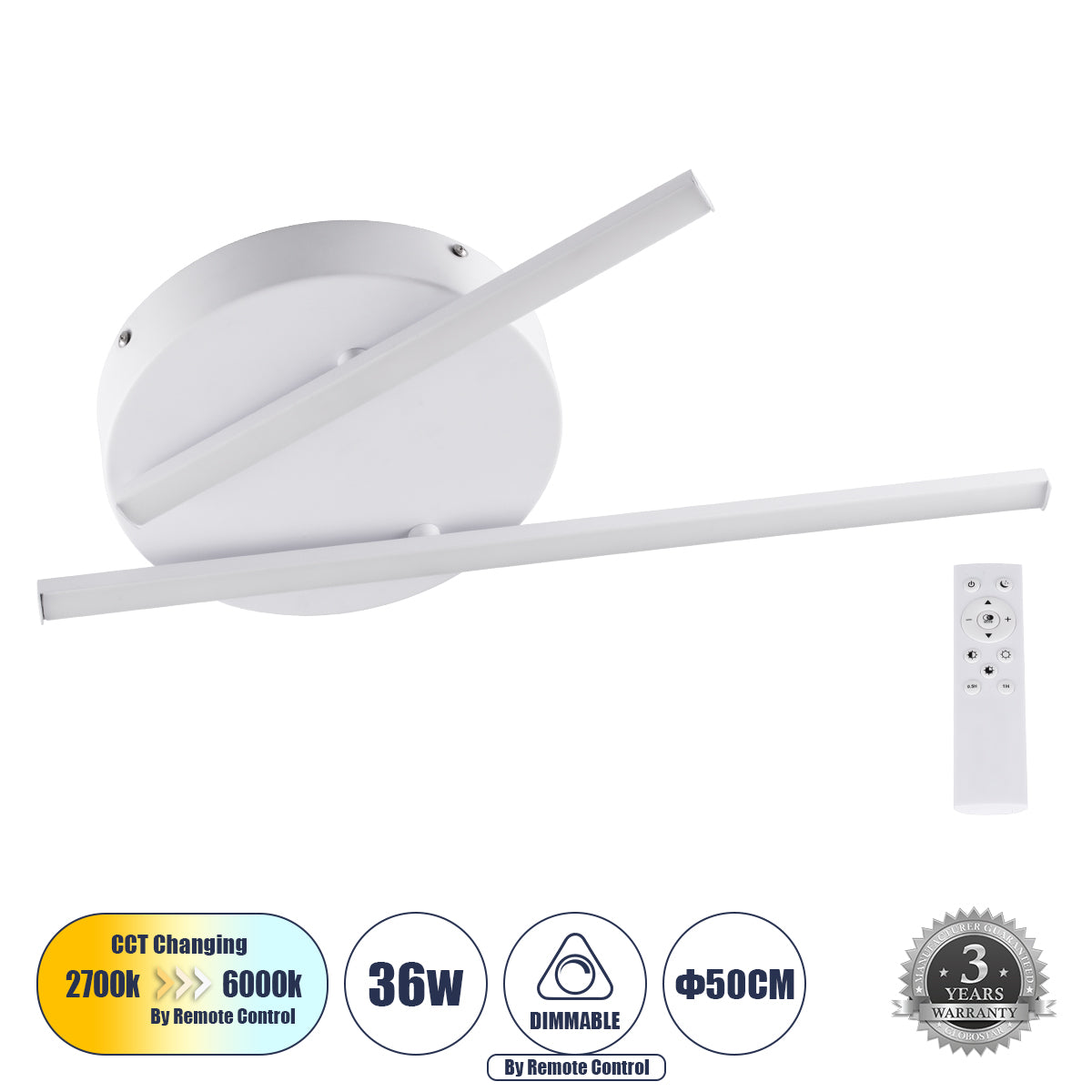 DRACO 61092 Φωτιστικό Οροφής Γραμμικό Linear Design LED CCT 36W 4428lm 120° AC 220-240V - Εναλλαγή Φωτισμού μέσω Τηλεχειριστηρίου All In One Ψυχρό 6000k+Φυσικό 4500k+Θερμό 2700k Dimmable Φ50 x Υ6cm - Λευκό