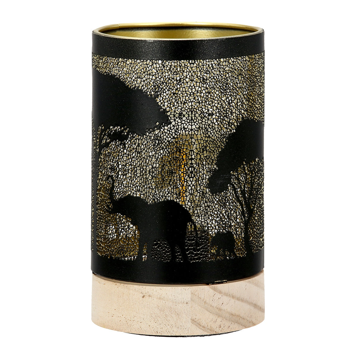 Φανάρι (LED) Κυλινδρικό Μοτίβο Ελέφαντα Μεταλλικό Μαύρο 9x9x15