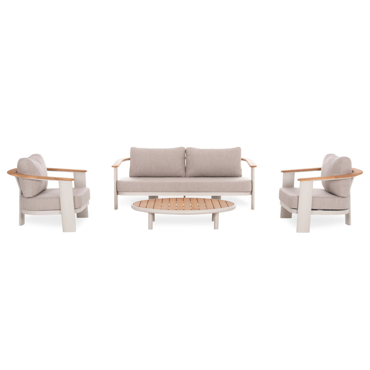 4-PIECE OUTDOOR LOUNGE SET ROMAN CREAM ALUMINUM BEIGE OLEFIN FABRIC TEAK WOOD
