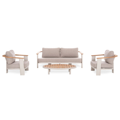 4-PIECE OUTDOOR LOUNGE SET ROMAN CREAM ALUMINUM BEIGE OLEFIN FABRIC TEAK WOOD