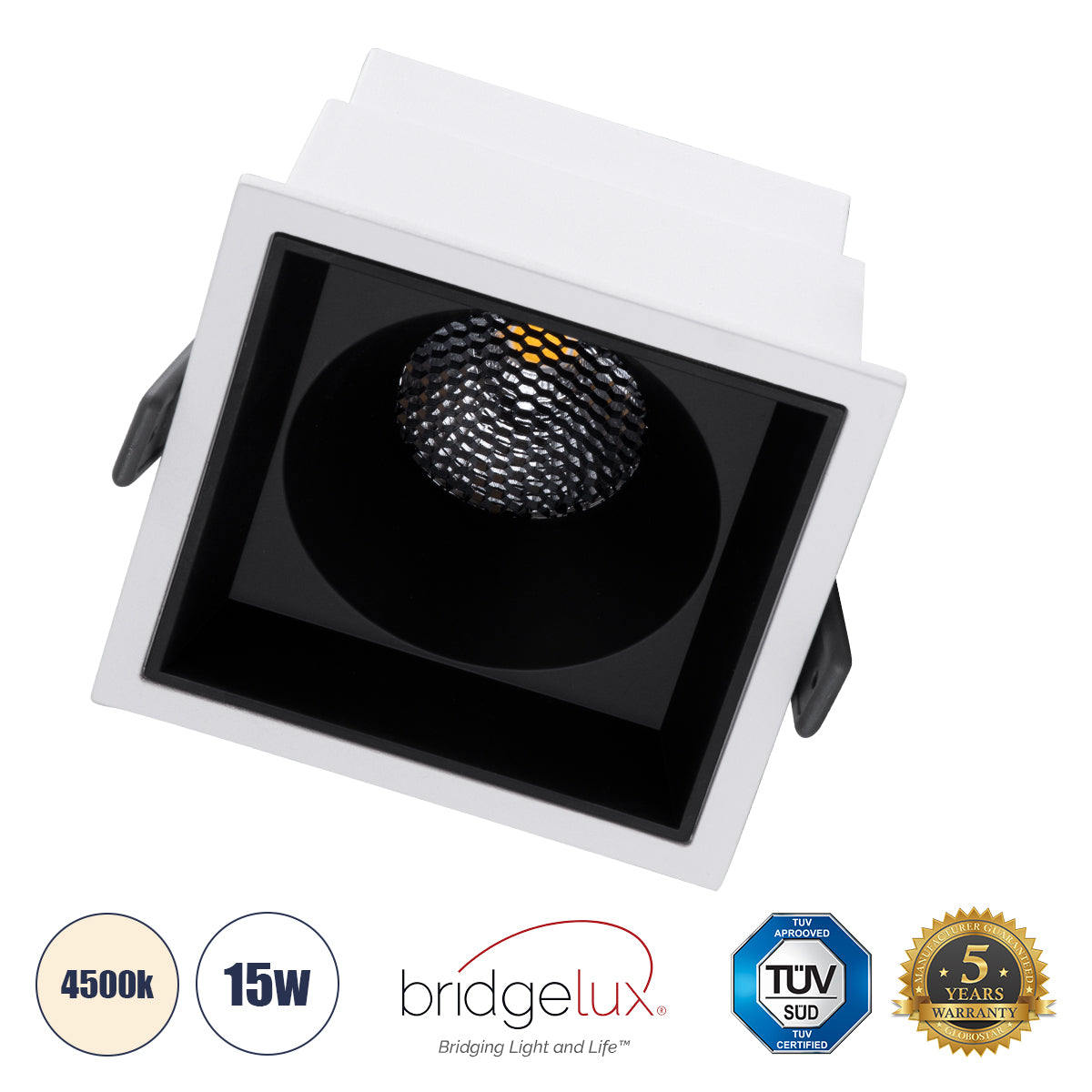 PLUTO-B 60276 Χωνευτό LED Spot Downlight TrimLess Μ10.4xΠ10.4cm 15W 1950lm 38° AC 220-240V IP20 Μ10.4 x Π10.4 x Υ6.5cm - Τετράγωνο - Λευκό με Μαύρο Κάτοπτρο & Anti-Glare HoneyComb - Φυσικό Λευκό 4500K - Bridgelux COB