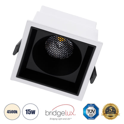 PLUTO-B 60276 Χωνευτό LED Spot Downlight TrimLess Μ10.4xΠ10.4cm 15W 1950lm 38° AC 220-240V IP20 Μ10.4 x Π10.4 x Υ6.5cm - Τετράγωνο - Λευκό με Μαύρο Κάτοπτρο & Anti-Glare HoneyComb - Φυσικό Λευκό 4500K - Bridgelux COB