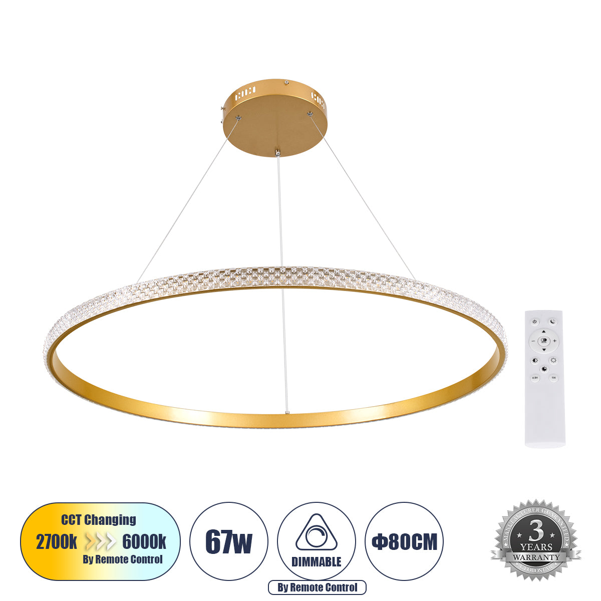 DIAMOND 61133 Κρεμαστό Φωτιστικό Δαχτυλίδι-Κύκλος LED CCT 67W 7689lm 360° AC 220-240V - Εναλλαγή Φωτισμού μέσω Τηλεχειριστηρίου All In One Ψυχρό 6000k+Φυσικό 4500k+Θερμό 2700k Dimmable Φ80cm - Χρυσό Βούρτσας
