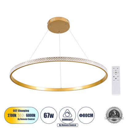 DIAMOND 61133 Κρεμαστό Φωτιστικό Δαχτυλίδι-Κύκλος LED CCT 67W 7689lm 360° AC 220-240V - Εναλλαγή Φωτισμού μέσω Τηλεχειριστηρίου All In One Ψυχρό 6000k+Φυσικό 4500k+Θερμό 2700k Dimmable Φ80cm - Χρυσό Βούρτσας