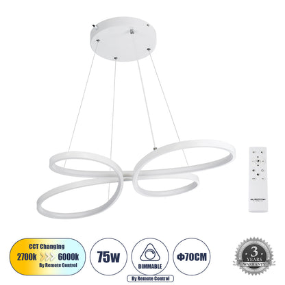 BUTTERFLY 61392 Κρεμαστό Φωτιστικό Οροφής Design LED CCT 75W 8400lm 300° AC 220-240V - Εναλλαγή Φωτισμού μέσω Τηλεχειριστηρίου All In One Ψυχρό 6000k+Φυσικό 4500k+Θερμό 2700k Dimmable Μ71 x Π52 x Υ4cm - Λευκό