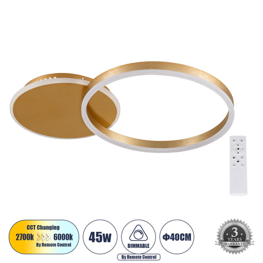 VENOM 61119 Φωτιστικό Οροφής Δαχτυλίδι-Κύκλος LED CCT 45W 5445lm 360° AC 220-240V - Εναλλαγή Φωτισμού μέσω Τηλεχειριστηρίου All In One Ψυχρό 6000k+Φυσικό 4500k+Θερμό 2700k Dimmable Φ40cm+BackLight - Χρυσό Βούρτσας