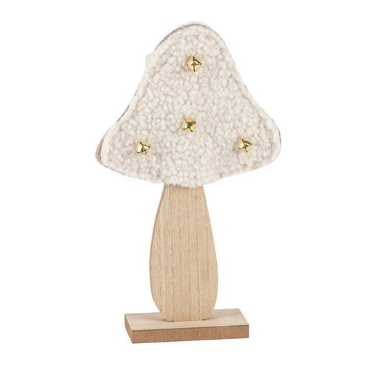 Μανιτάρι σε Βάση Ξύλο με Μπουκλέ και Κουδουνάκια Λευκό και Χρυσό 13x22εκ