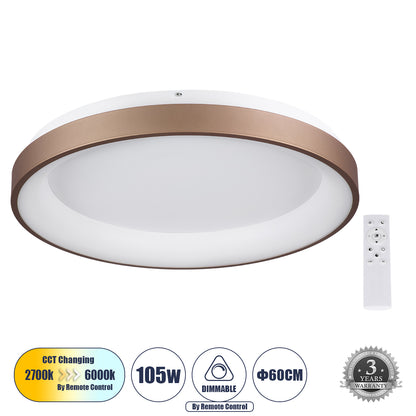 SALEM 61240 Πλαφονιέρα Οροφής Δαχτυλίδι-Κύκλος LED CCT 105W 12075lm 120° AC 220-240V - Εναλλαγή Φωτισμού μέσω Τηλεχειριστηρίου All In One Ψυχρό 6000k+Φυσικό 4500k+Θερμό 2700k Dimmable Φ60cm - Καφέ Χάλκινο