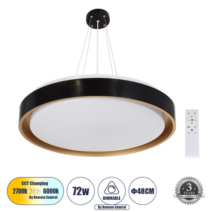 BARCHETTA 61047-P Κρεμαστή Πλαφονιέρα Οροφής LED CCT 72W 8306lm 120° AC 220-240V - Εναλλαγή Φωτισμού μέσω Τηλεχειριστηρίου All In One Ψυχρό 6000k+Φυσικό 4500k+Θερμό 2700k Dimmable Φ48cm - Μαύρο με Χρυσό