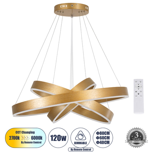 VENOM TRIO 61190-DECO Κρεμαστό Φωτιστικό Δαχτυλίδι-Κύκλος LED CCT 120W 14158lm 120° AC 220-240V - Εναλλαγή Φωτισμού μέσω Τηλεχειριστηρίου All In One Ψυχρό 6000K+Φυσικό 4500K+Θερμό 2700K Dimmable Φ40+60+80cm - Χρυσό Βούρτσας