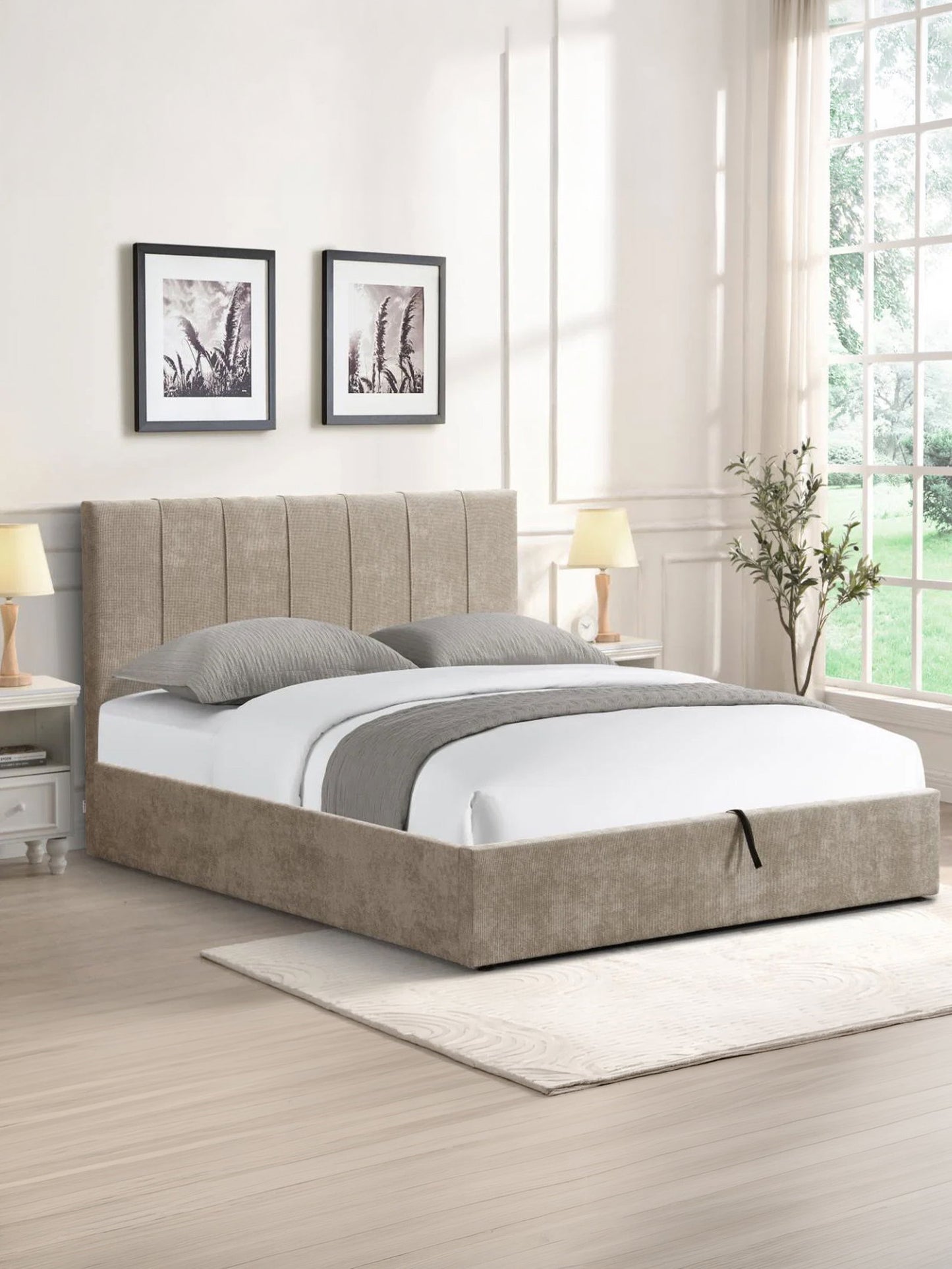 Denzel Khaki Upholstered Bed Lift-Storage 168x215x116
