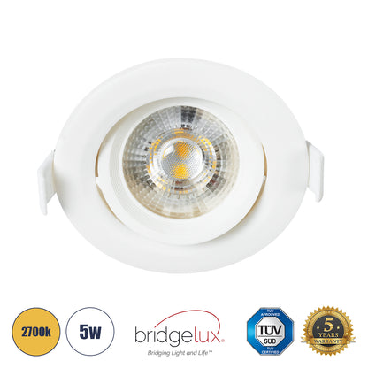 DE VALERA 60184 Χωνευτό LED Κινούμενο Spot Downlight 5W 470lm 60° AC 220-240V IP44 Φ9cm x Υ4cm - Στρόγγυλο - Λευκό - Θερμό Λευκό 2700K - Bridgelux Chip - TÜV Certified Driver
