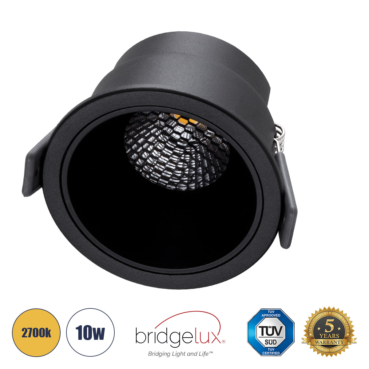 PLUTO-M 60257 Recessed Downlight Spot with Honeycomb Anti-Glare Reflector LED 10W 1250lm 38° AC 220-240V IP20 Warm White 2700K - Bridgelux COB Chip & TÜV SÜD Driver - Matte Black - L8.4 x W8.4 x H5.9 / Q7.5