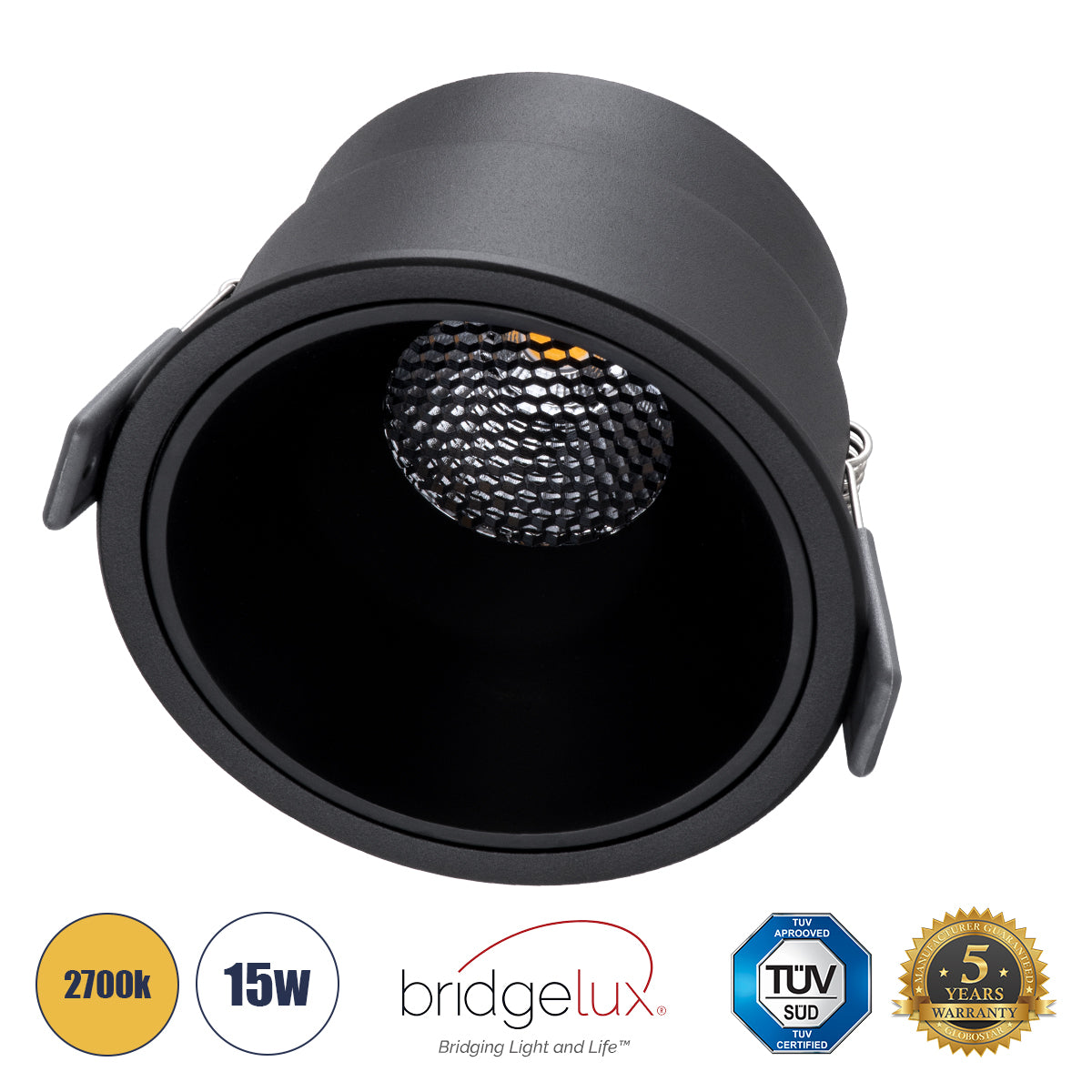 PLUTO-B 60263 Recessed Downlight Spot with Honeycomb Anti-Glare Reflector LED 15W 1875lm 38° AC 220-240V IP20 Warm White 2700K - Bridgelux COB Chip & TÜV SÜD Driver - Matte Black - L10.4 x W10.4 x H6.5 / Q9.5