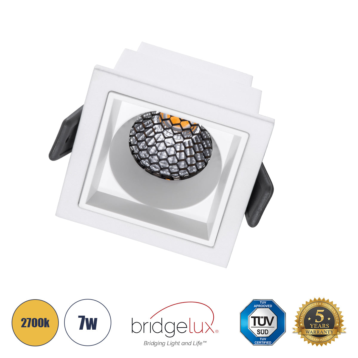 PLUTO-S 60267 Recessed Downlight Spot with Honeycomb Anti Glare Reflector LED 7W 875lm 38° AC 220-240V IP20 Warm White 2700K - Bridgelux COB Chip & TÜV SÜD Driver - Matte White - L6.4 x W6.4 x H4.9 / Q5.5 x 5.5