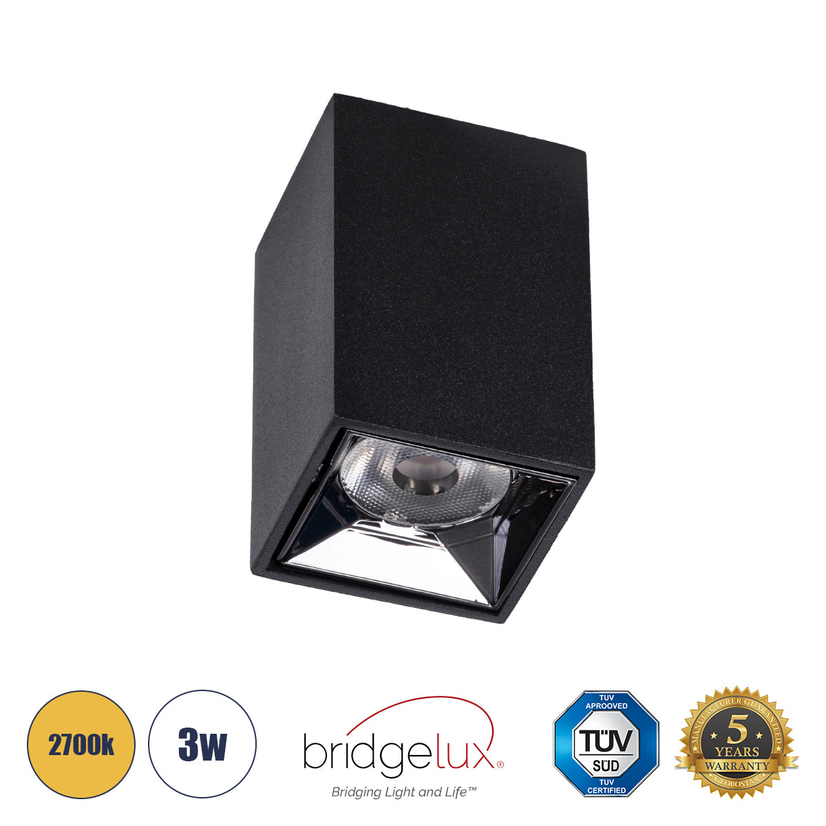 LUMINAR 60321 LED Spotlight Downlight 3W 405lm 36° AC 220-240V IP20 Warm White 2700K - Osram SMD Chip & TÜV SÜD Driver - Matt Black - L4.2 x W4.2 x H6.6