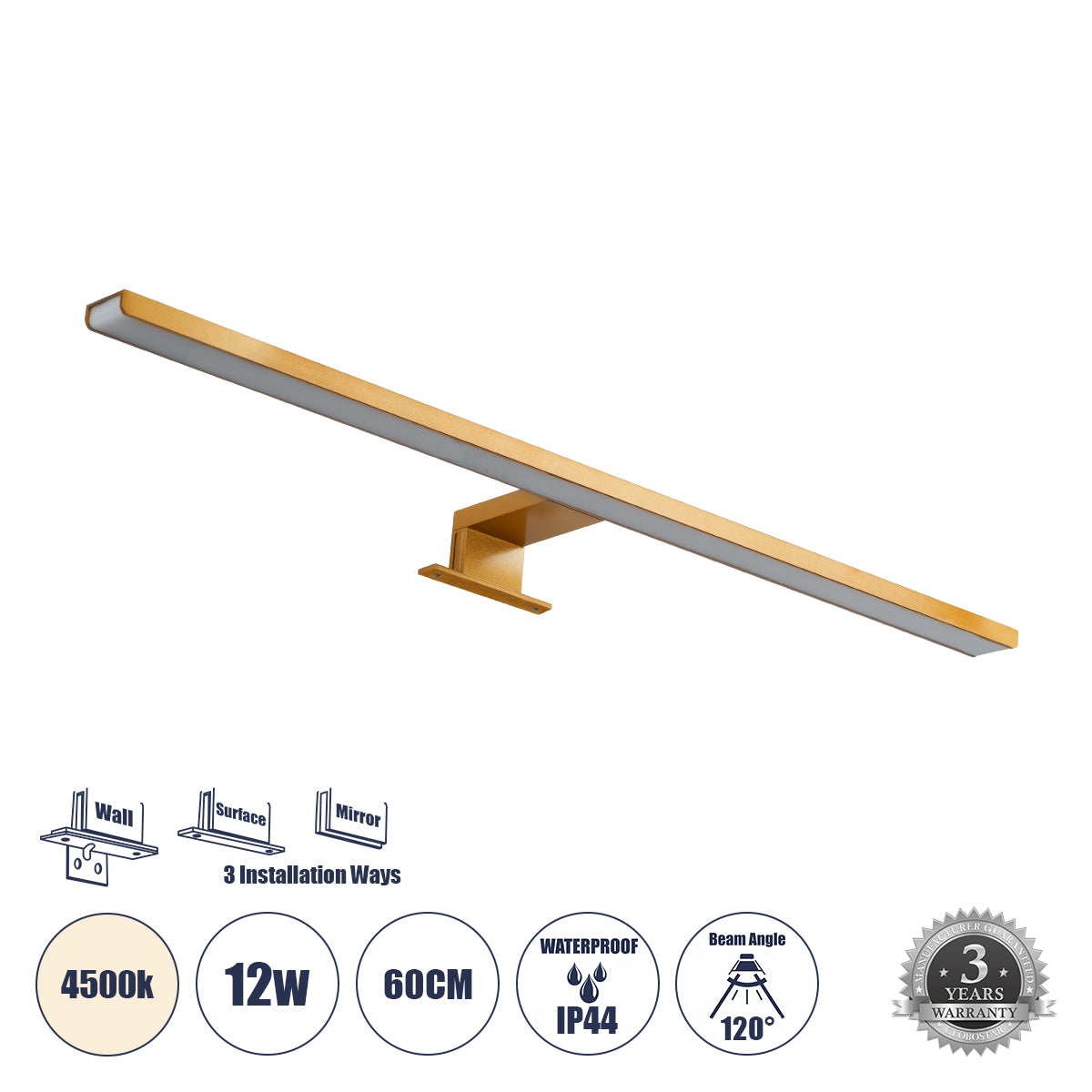 NINA 60423 Μοντέρνο Φωτιστικό Τοίχου - Απλίκα Καθρέπτη Μπάνιου LED 12W 1400lm 120° AC 220-240V IP20 Φυσικό Λευκό 4500K - Bridgelux SMD Chip - Χρυσό Βούρτσας - Μ60 x Π10.5 x Υ4