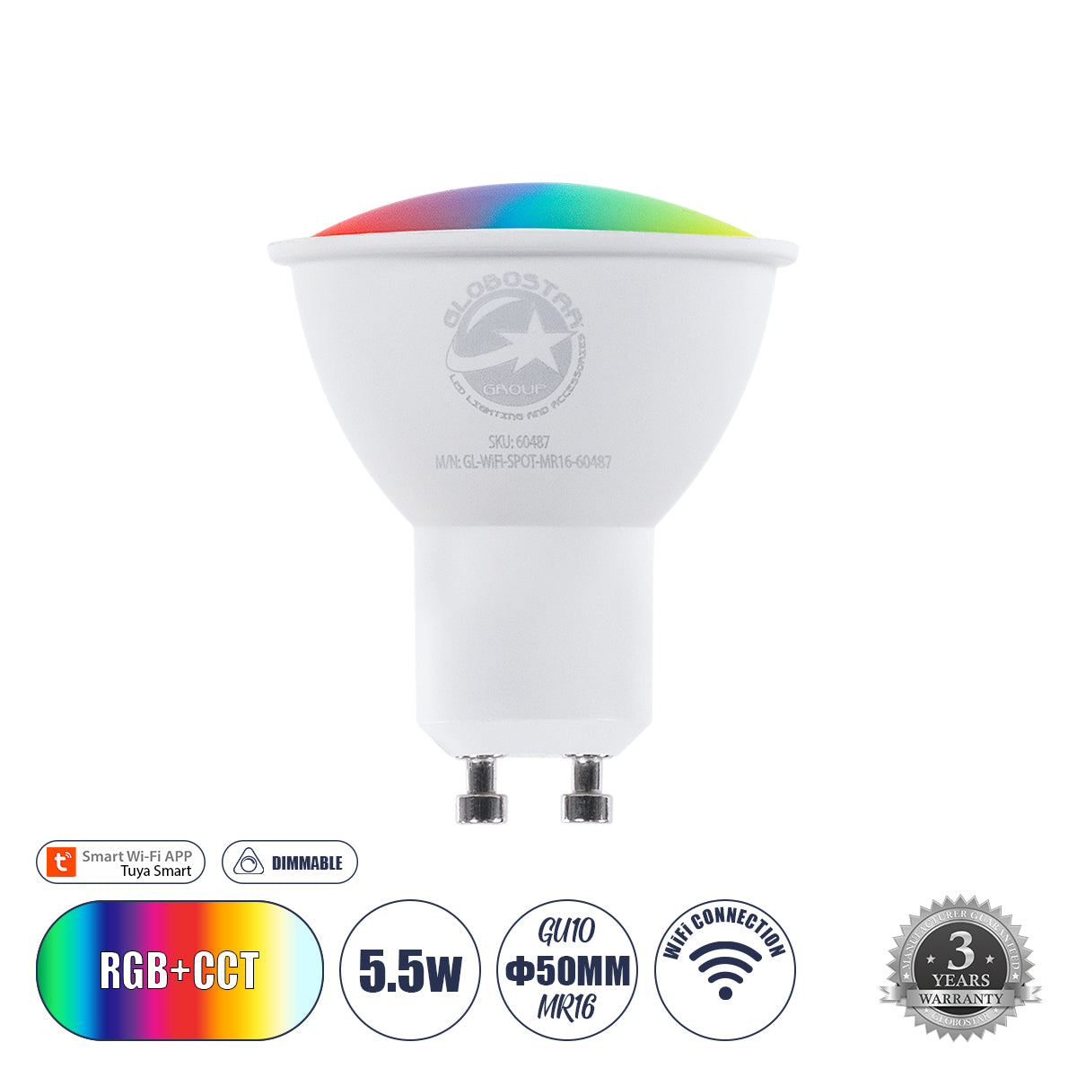 60487 Έξυπνο Σποτ LED GU10 MR16 Smart Home Wifi 5.5W 550lm 120° AC 220-240V IP20 Φ5 x Υ6.5cm RGB+CCT - Εναλλαγή Φωτισμού & Dimming μέσω Εφαρμογής Tuya - Bridgelux Chip