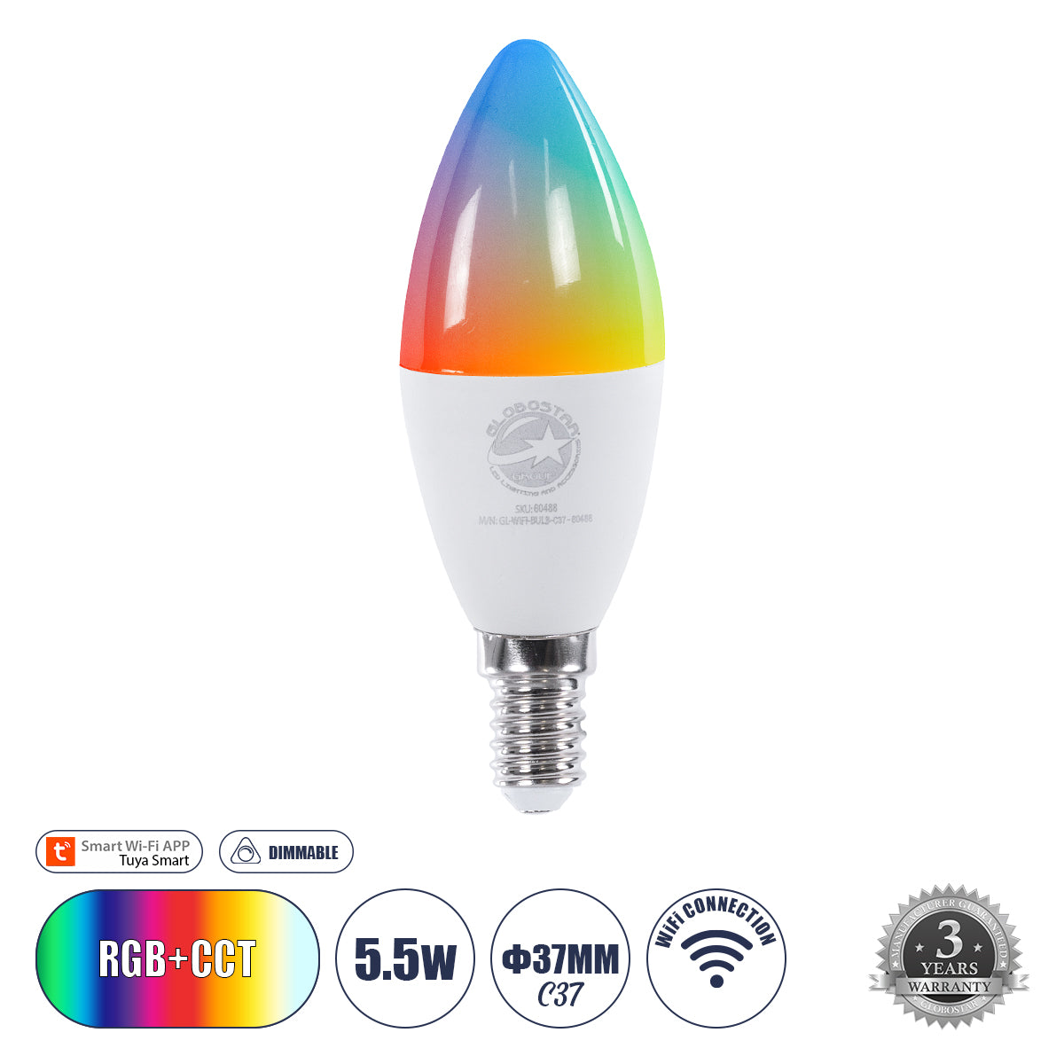 60488 Έξυπνη Λάμπα LED E14 C37 Κεράκι Smart Home Wifi 5.5W 550lm 260° AC 220-240V IP20 Φ3.7 x Υ11cm RGB+CCT - Εναλλαγή Φωτισμού & Dimming μέσω Εφαρμογής Tuya - Bridgelux Chip