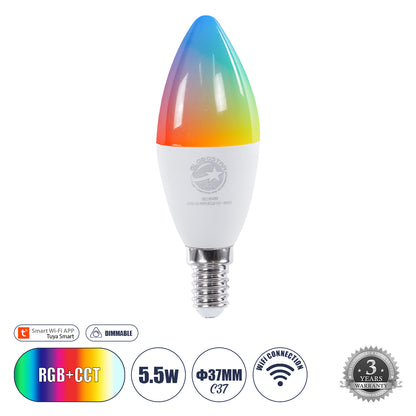 60488 Έξυπνη Λάμπα LED E14 C37 Κεράκι Smart Home Wifi 5.5W 550lm 260° AC 220-240V IP20 Φ3.7 x Υ11cm RGB+CCT - Εναλλαγή Φωτισμού & Dimming μέσω Εφαρμογής Tuya - Bridgelux Chip